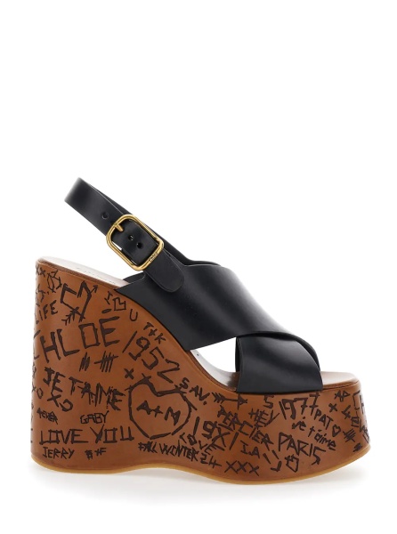 Pantofi 'Maxime' Black Wedges with High Embossed High Wedge Heel and Crossover Strap on the Toe in Leather Womam