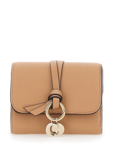 Portofele Small Tri-Fold Wallet with Charm on the Front and Magnetic Closure in Beige Leather for Women
