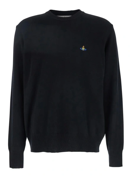 Pulover 'Alex' Black Crewneck Sweater with Orb Logo Detail on the Front in Wool and Cashmere Man