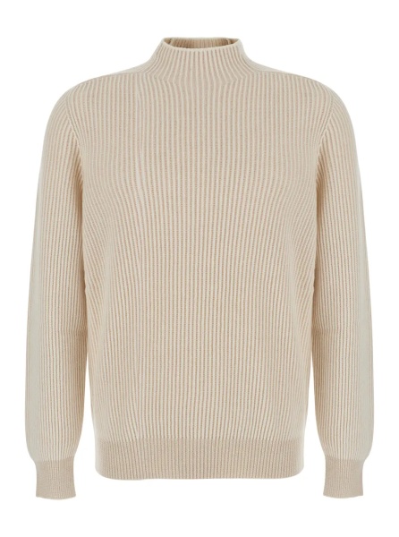Pulover Beige sweater with ribbed design and high collar in cashmere for men