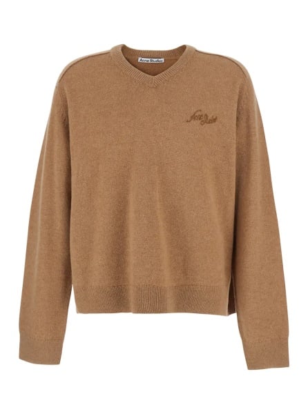 Pulover Beige V-neck sweater with front Logo lettering in wool blend for men
