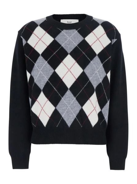 Pulover Black Crewneck sweater with argyle pattern on the front in wool for women