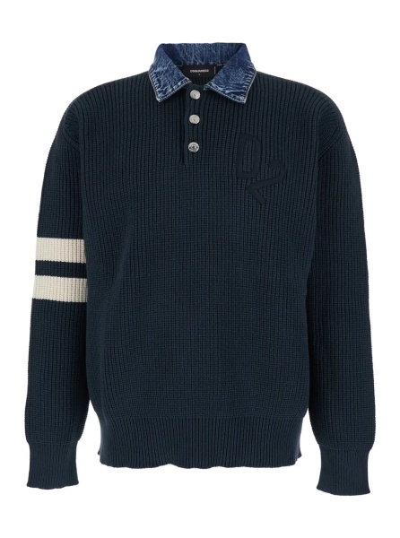 Pulover Blue Sweater with Denim Collar and Logo Embroidery on Front in Cotton Blend for Men