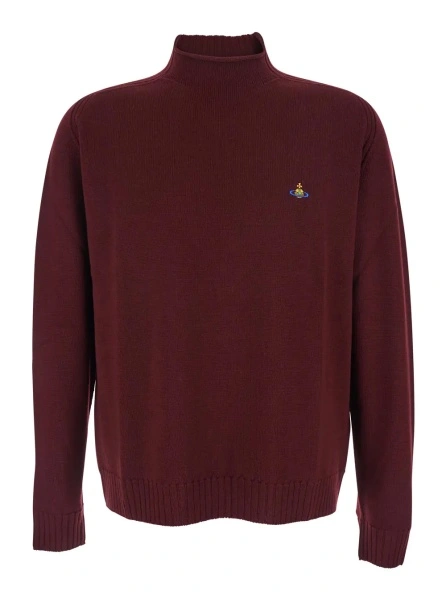 Pulover Bordeaux Turtleneck Sweater with Orb Logo Embroidered on the Front in Wool Blend Man