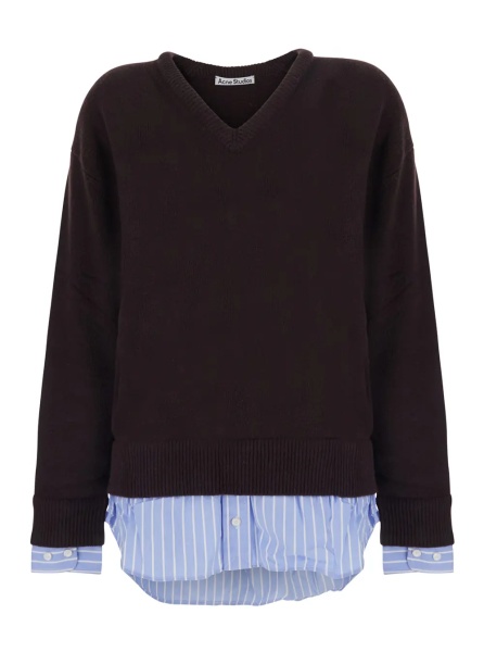 Pulover brown V-neck sweater with striped cotton cuffs and hem in wool blend for women