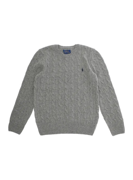 Pulover Crewneck Sweater with Pony Embroidery and Cable Knit in Grey Wool and Cashmere Boy