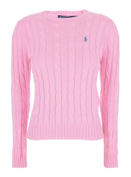 Pulover Crewneck Sweater with Pony Embroidery on the Front and Cable Knit in Pink for Women