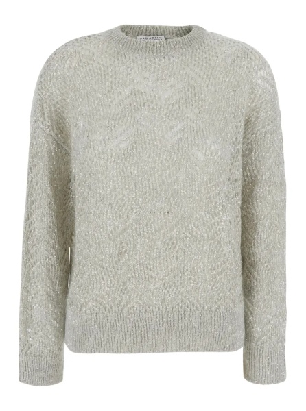 Pulover Gray Crewneck sweater with sequin decoration and ribbed finishes in blend wool for women