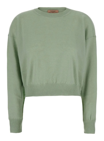 Pulover Green Crew neck sweater with dropped shoulders and crop design in cashmere blend for women