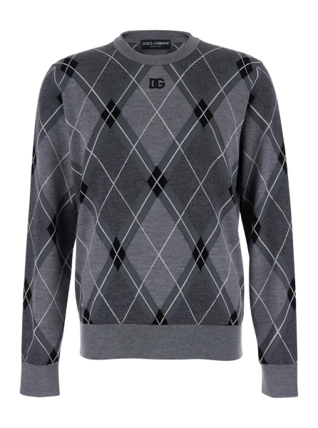 Pulover Grey Crew Neck Sweater with Front Logo and Diamond Pattern in Wool Blend Man