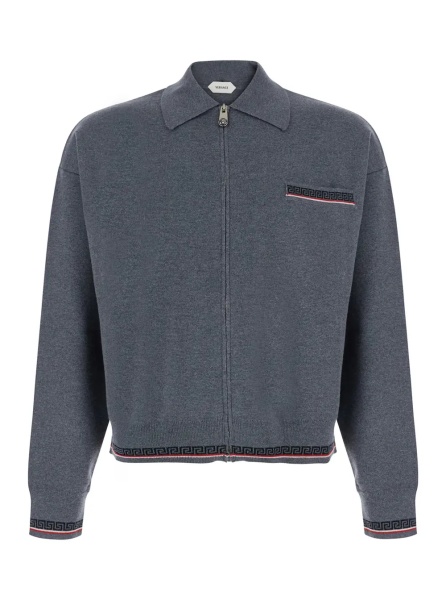 Pulover Grey Sweater with classic collar and Greca detail on the front in wool for men