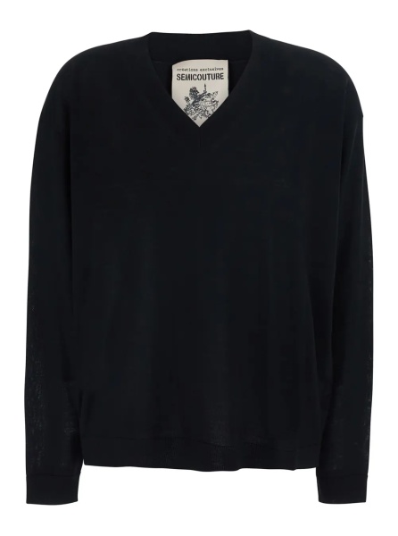 Pulover Jade V Neck Thin Wool Pull with V-neck and long sleeves in black Virgin Wool for women