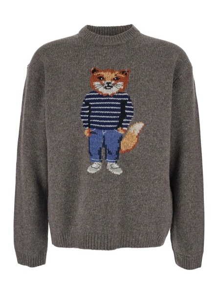 Pulover MAISON KITSUNÉ Grey Crewneck Sweater with Logo Embroidery on the Front in Wool Blend Man