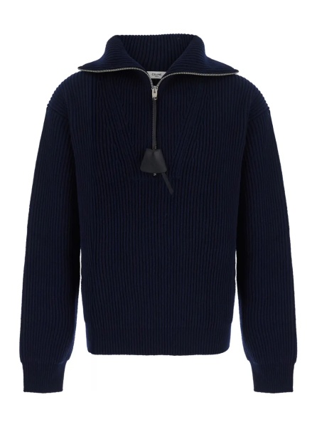 Pulover Men's blue wool and cashmere sweater with ribbed knit and embossed logo pendant