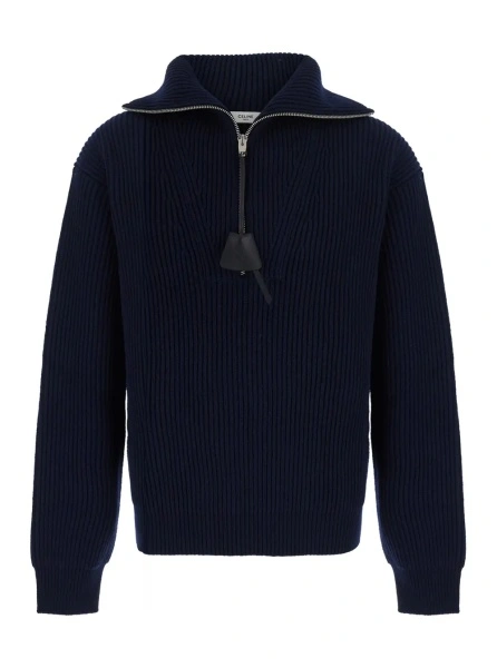 Pulover Men's blue wool and cashmere sweater with ribbed knit and embossed logo pendant