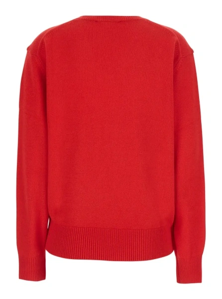 Pulover Red Sweater with V Neck in Wool and Cashmere for Women