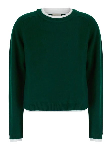 Pulover 'Sarah' Green Sweater with Contrasting Round Neck in Wool and Cashmere for Women