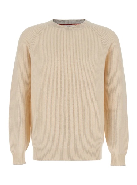 Pulover white Crew neck sweater with ribbed design in cashmere for men