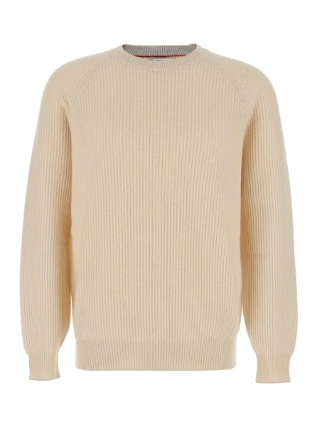 Pulover white Crew neck sweater with ribbed design in cashmere for men