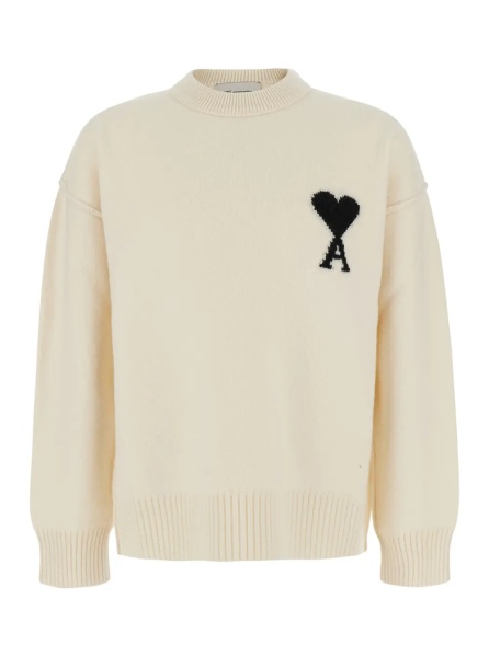 Pulover White Crewneck Sweater with ADC Embroidery on the Front in Wool for Men
