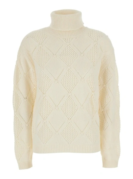 Pulover white turtleneck sweater with diamond intarsia in cotton Women