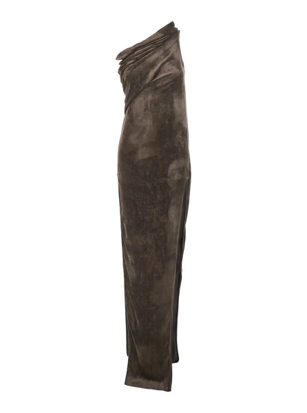Rochii 'Athena Arrowhead' Brown Asymmetric Long Dress with Ruched Neckline and Side Single Slit in Viscose Blend Woman