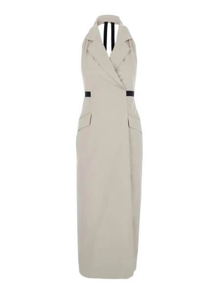 Rochii Beige Dress with notched revers and open back in Blend Cotton and Virgin Wool Woman