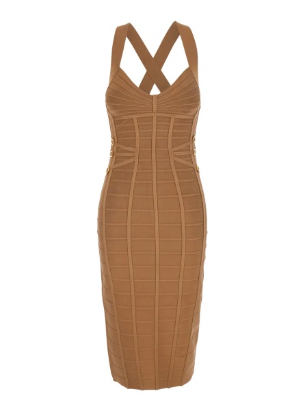 Rochii Beige Sleeveless Sheath Dress with Zip Closure on the Back and 3D Effect in Viscose Blend for Women