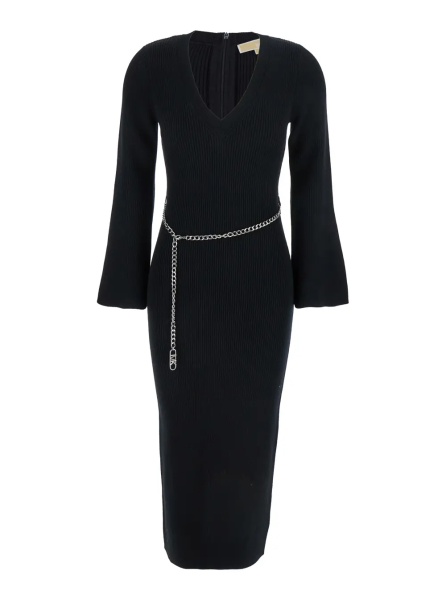 Rochii Black Dress with Chain Belt and Logo Plaque on the Rear in Wool Blend Stretch Woman