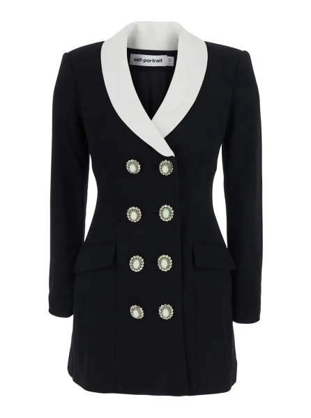 Rochii Black Jacket with Contrasting V-Neck and Jewel Buttons in Wool for Women