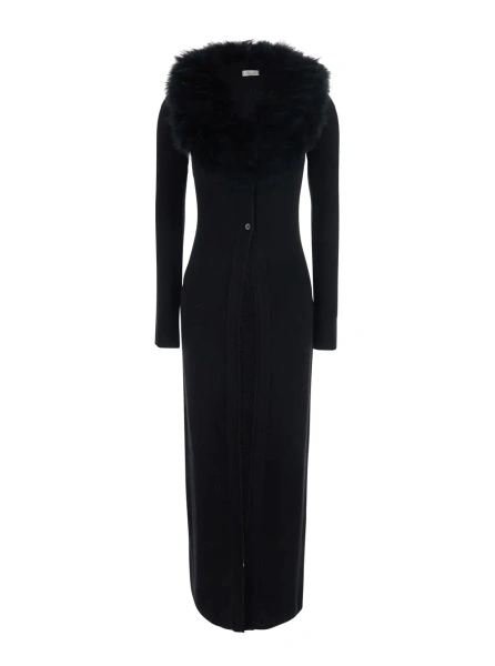 Rochii Black Long Dress with High Fur Collar in Wool for Women