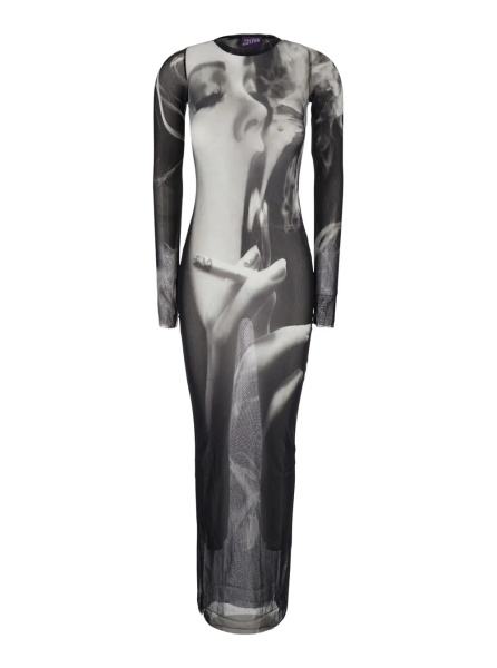 Rochii Black Long Dress with 'Smoking Women' Print in Tech Fabric for Women