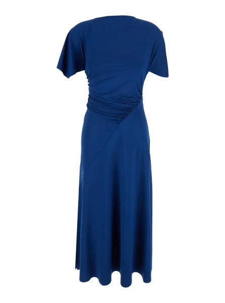 Rochii Blue Long Dress with Cap Sleeves and Elastic Waist in Stretch Tech Fabric for Women