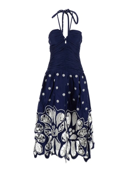 Rochii Blue Long Sleeveless Dress with Halterneck with Pearls and Richelieu Embroidery in Cotton for Women