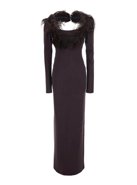 Rochii Brown Long Dress with Feathers on the Neck and Logo Patch on the Back in Cotton for Women