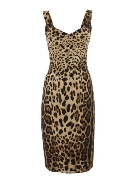 Rochii Brown Midi Dress with Heart Neckline and Leopard Motif on the Front in Stretch Silk Blend for Women