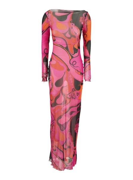 Rochii Fuchsia Long dress with round neckline and all-over Orchidea print in Tech Fabric for Women