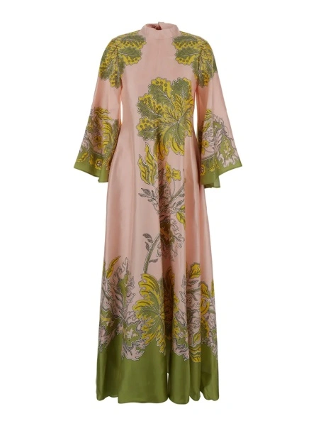 Rochii 'Magnifico' Pink long dress with Bow on the Back and All-Over Floral Print in Silk for Women