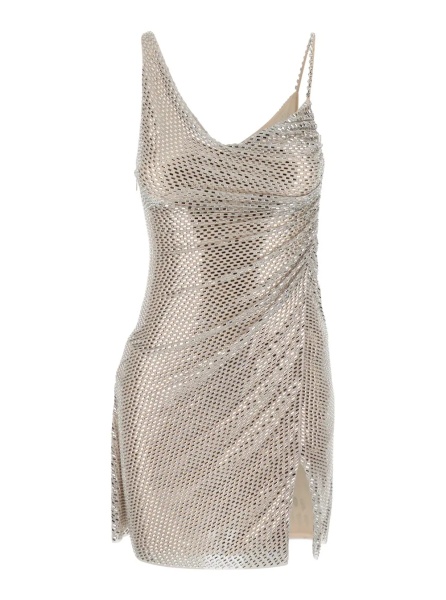 Rochii Metallic Mini dress sleeveless draped with rhinestones and single slit on the front in Tech Fabric for Women