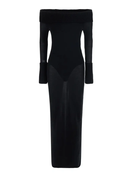 Rochii Off-Shoulder Dress with Wide Neckline and Long Sleeves in Black Merino for Women