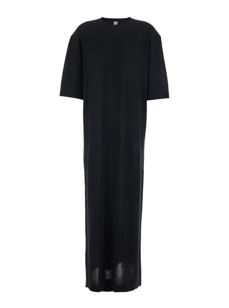 Rochii TOTÊME Black Long Dress with Crew Neck and Wide Short Sleeves in Wool for Women