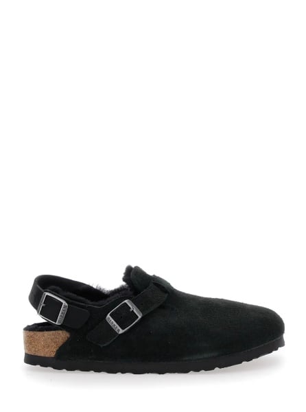 Saboti 'Tokio' Black Mules with Engraved Logo in Suede and Shearling Woman