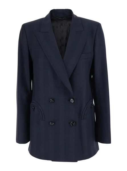 Sacou 'Aramis' Blue Double-breasted Jacket with Peak Revers and Check Motif All-Over in Wool for Women