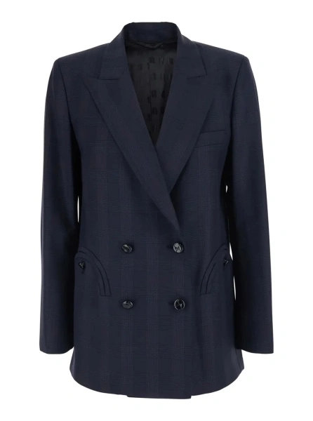 Sacou 'Aramis' Blue Double-breasted Jacket with Peak Revers and Check Motif All-Over in Wool for Women