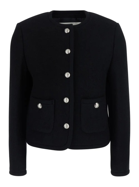Sacou black crew-neck jacket with jewel button closure in wool Women