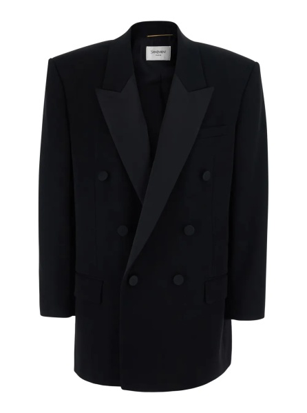 Sacou Black Double-breasted Jacket with Peak Revers in Wool for Women