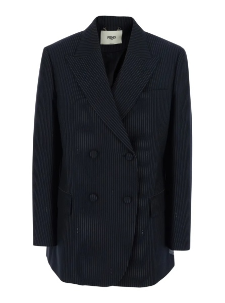 Sacou Blue Double-breasted Jacket with Peak Revers and Pinstripe Motif in Wool Blend Women