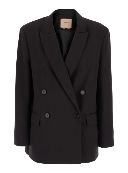 Sacou Brown Double-Breasted Jacket with Peak Revers in Stretch Viscose Blend Women