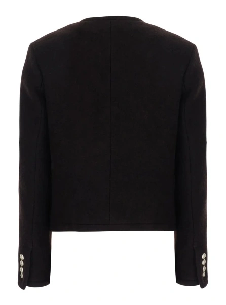 Sacou Brown Round-Neck Jacket with Jewel Button Closure in Wool for Women