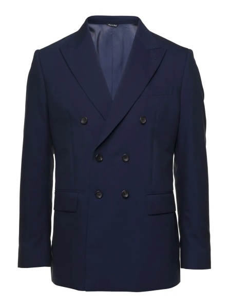 Sacou Double-breasted Blazer with Peak Revers and Shoulder Pads in Wool and Cotton Blend Blue Men